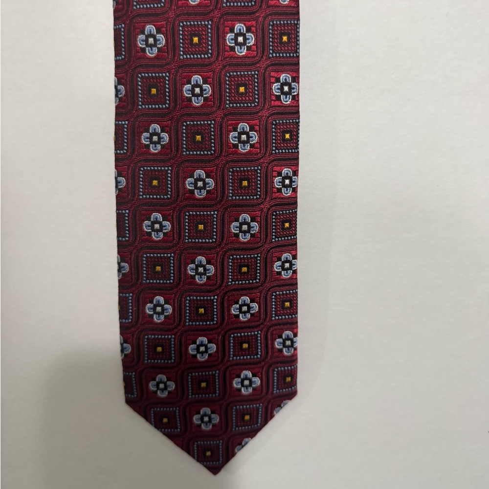 JZ Boulder 100% Silk Foulard Burgundy/Blue Patterned Tie